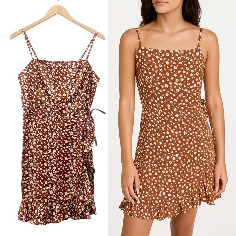 NWT Hollister Brown Floral Satin Mini Slip Dress Size Large Ruffle Hem Tie Waist